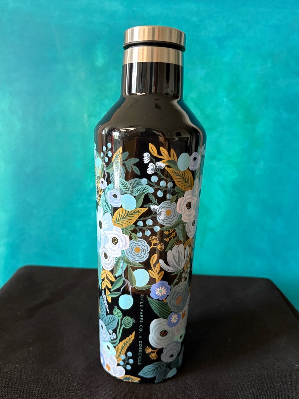 Corkcicle 16 oz Floral Tapestry Black Blue Flowers Stainless Steel Water Bottle